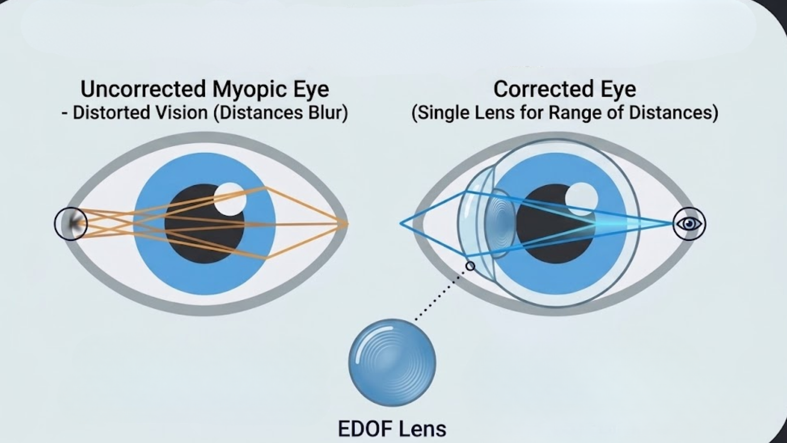 Diagram of an EDOF lens extending light into one continuous focus zone