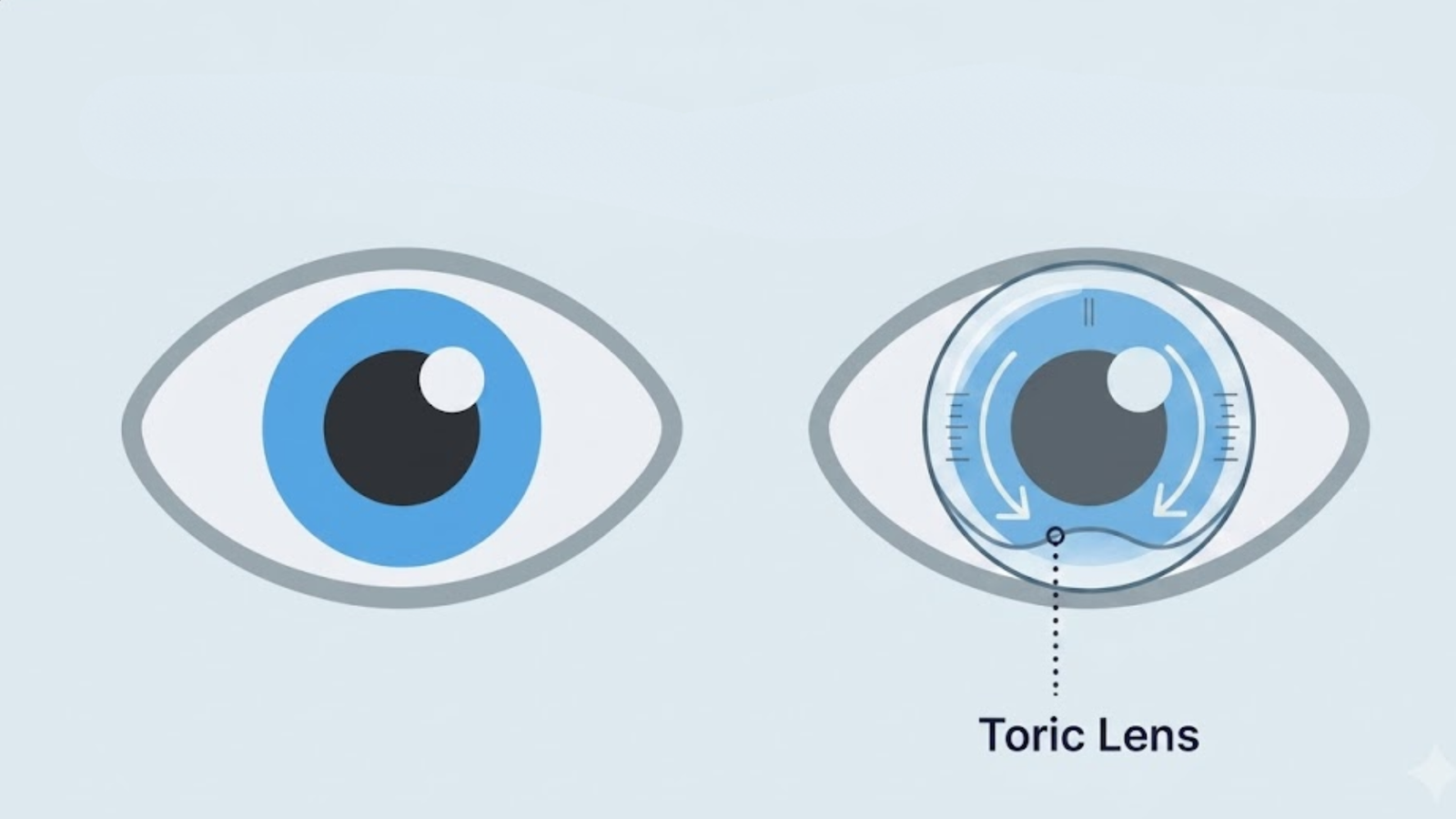 Diagram of a toric intraocular lens with axis alignment marks that correct astigmatism